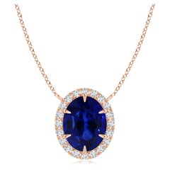 ANGARA GIA Certified Natural Sapphire Ellipse Halo Rose Gold Pendant Necklace