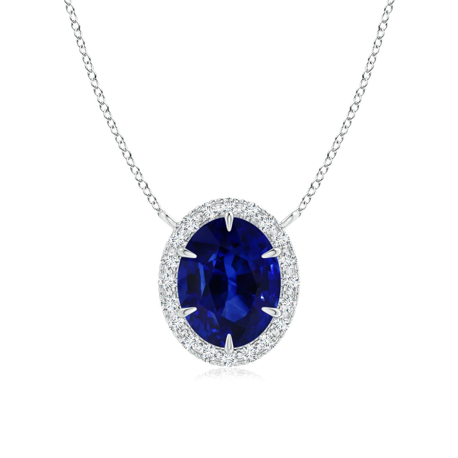 Angara GIA Certified Natural Sapphire Ellipse Halo White Gold Pendant Necklace For Sale