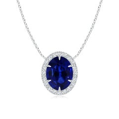 Angara GIA Certified Natural Sapphire Ellipse Halo White Gold Pendant Necklace
