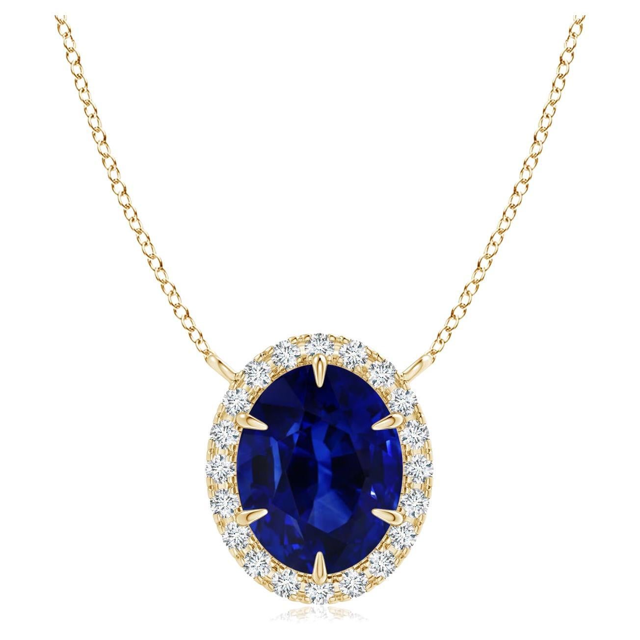 ANGARA GIA Certified Natural Sapphire Ellipse Halo Yellow Gold Pendant Necklace For Sale
