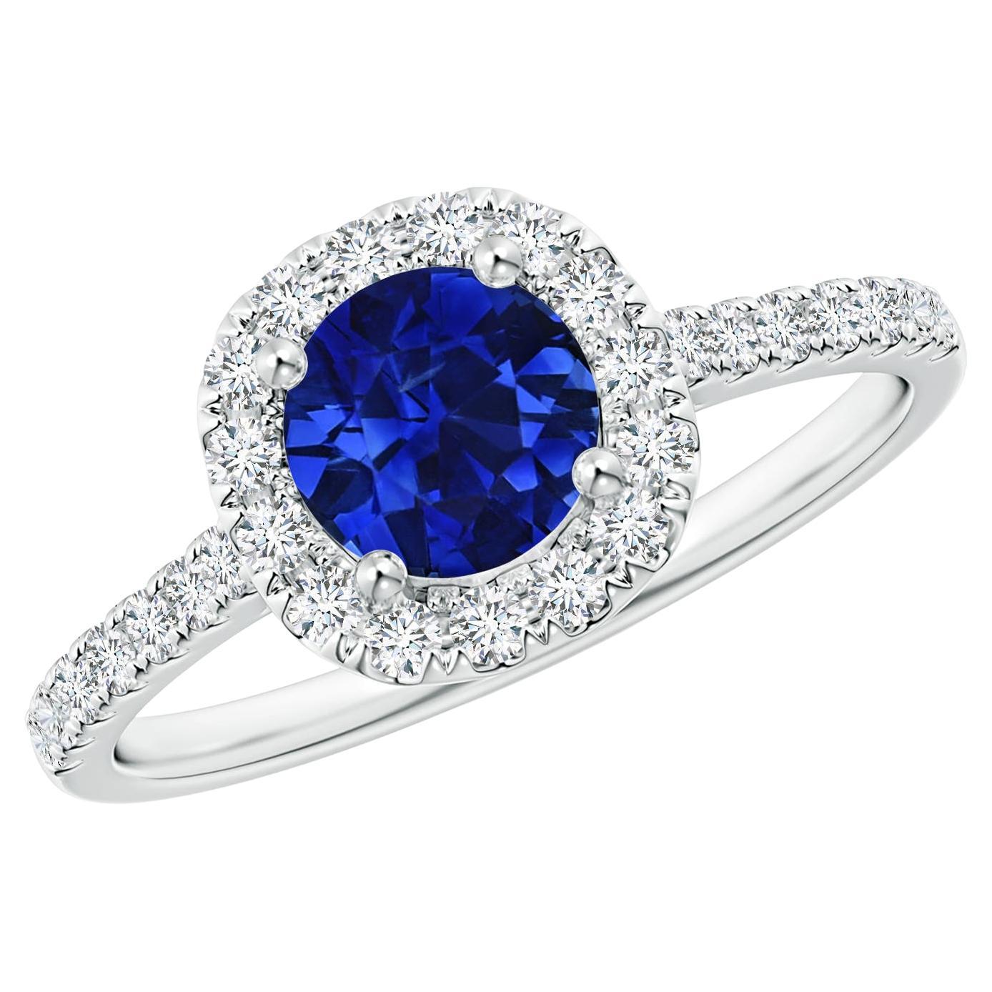 For Sale:  GIA Certified Natural Sapphire Halo Platinum Ring with Diamond Accents