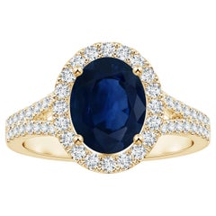 Angara Gia: Halo-Ring aus Gelbgold mit natürlichem Saphir und Diamanten, zertifiziert