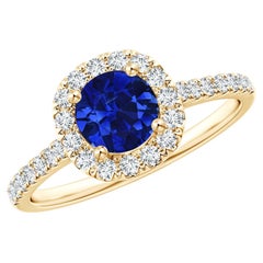 Angara Gia Certified Natural Sapphire Halo Yellow Gold Ring with Diamond Accents