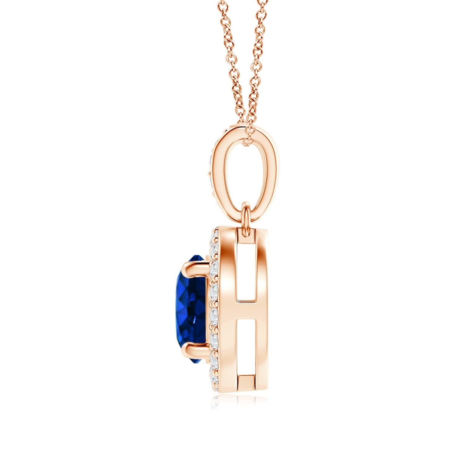 The GIA certified round blue sapphire is held in a prong setting and appears to be floating amid a dazzling diamond halo. There are additional diamond accents on the bale that elevate the elegant look of this 14K Rose Gold pendant.
