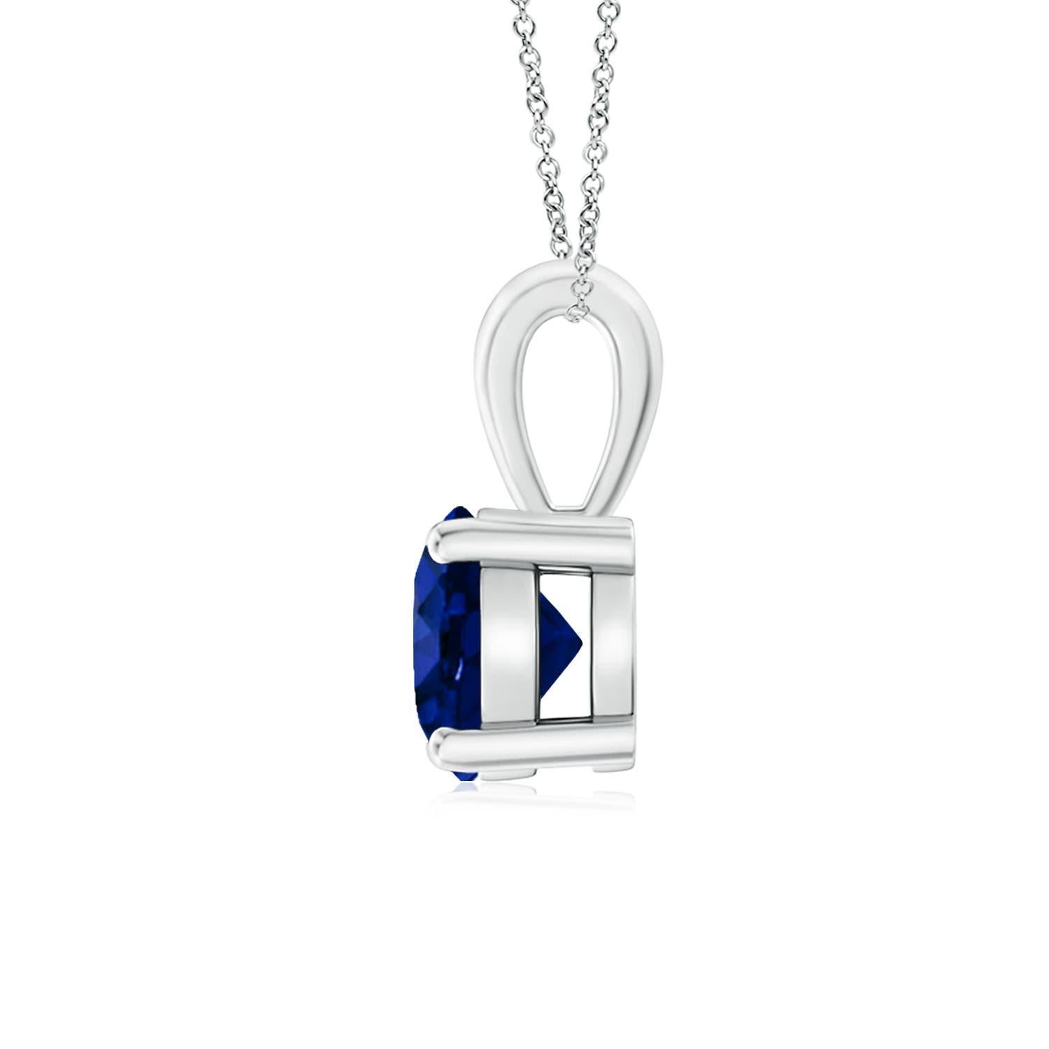 Drawing attention with its gorgeous hue and remarkable sheen is a GIA certified blue sapphire. The round sapphire is linked to a gleaming metal bale. Crafted in platinum, this prong-set sapphire solitaire pendant is simply alluring.
