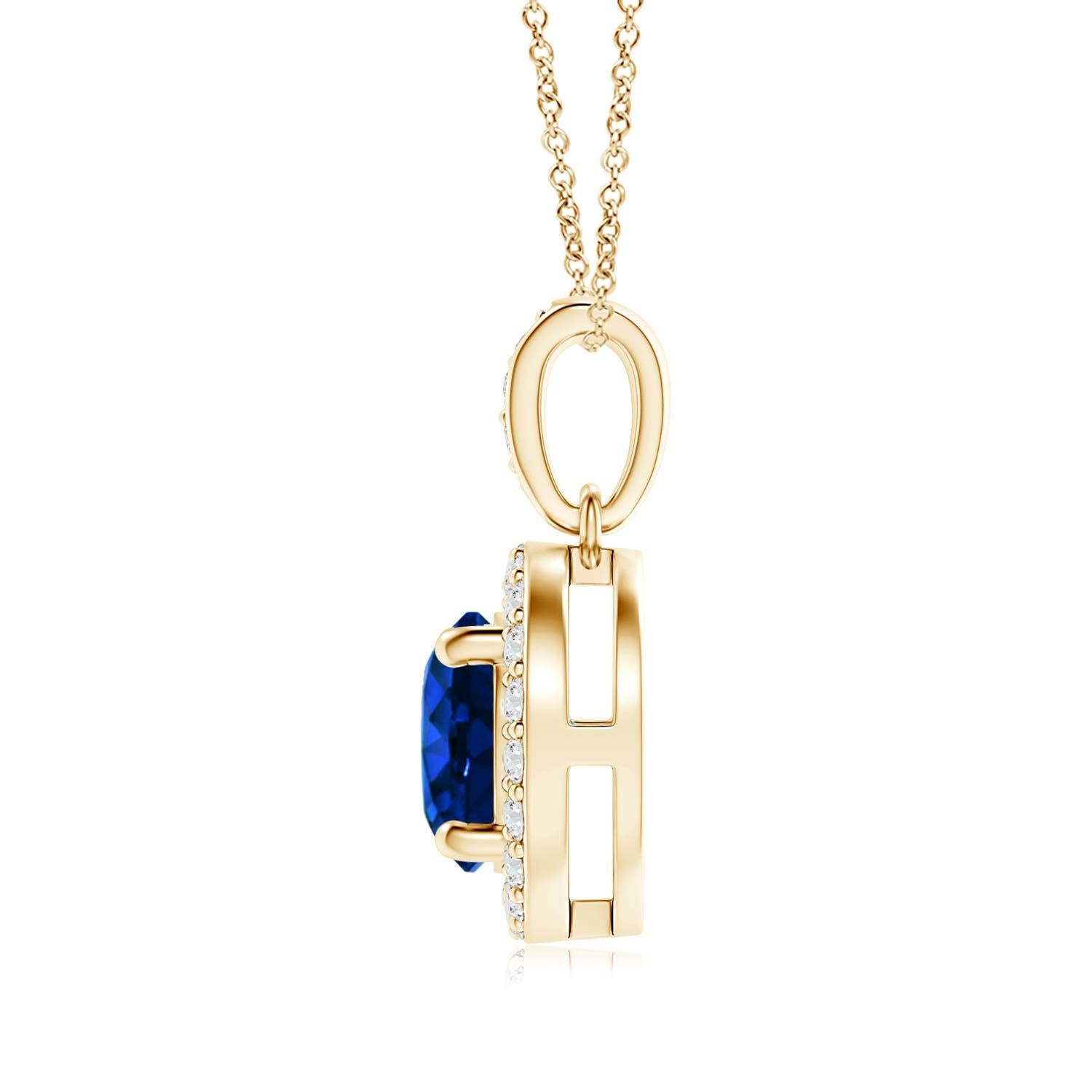 The GIA certified round blue sapphire is held in a prong setting and appears to be floating amid a dazzling diamond halo. There are additional diamond accents on the bale that elevate the elegant look of this 14K Yellow Gold pendant.
