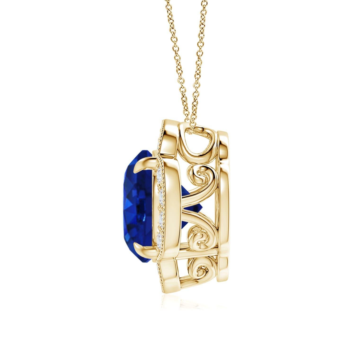 The GIA certified blue sapphire clover pendant appears to be floating on the cable chain. Secured in a claw setting, the blue sapphire is surrounded by a floral halo of dazzling round diamonds. This alluring round sapphire clover pendant is designed