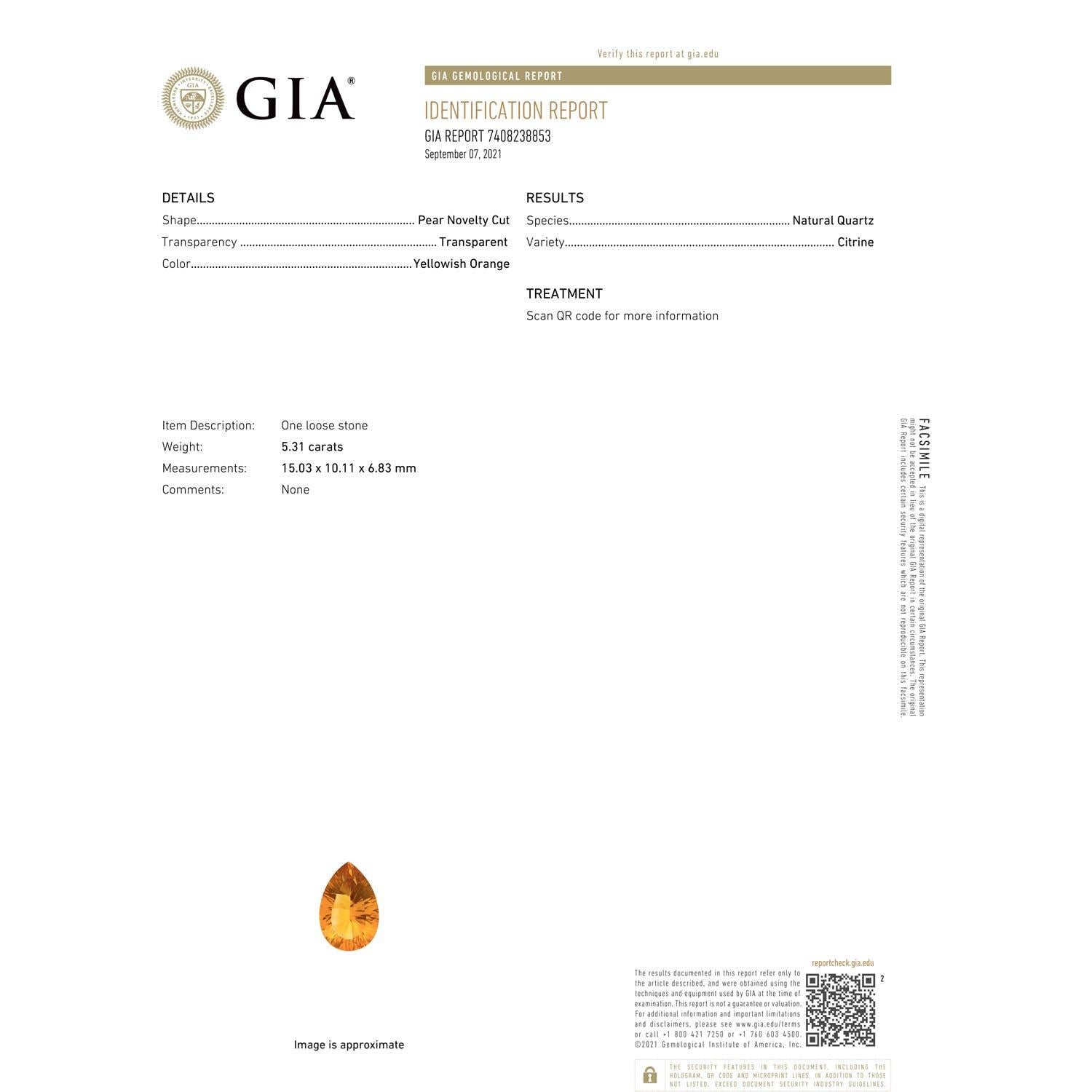 En vente :  Angara Bague solitaire en or jaune avec citrine en forme de poire, certifiée GIA 3