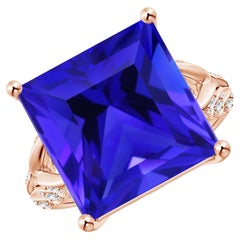 Used Angara Gia Certified Natural Square Tanzanite Ring in Rose Gold with Leaf Motifs