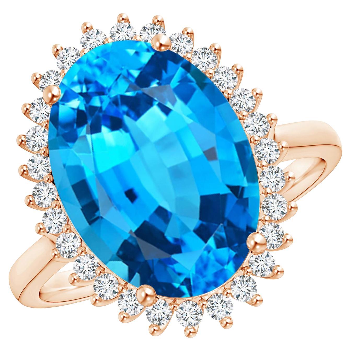 GIA Certified Natural Swiss Blue Topaz Floral Halo Ring in Rose Gold