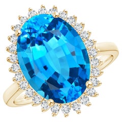GIA Certified Natural Swiss Blue Topaz Floral Halo Ring in Yellow Gold