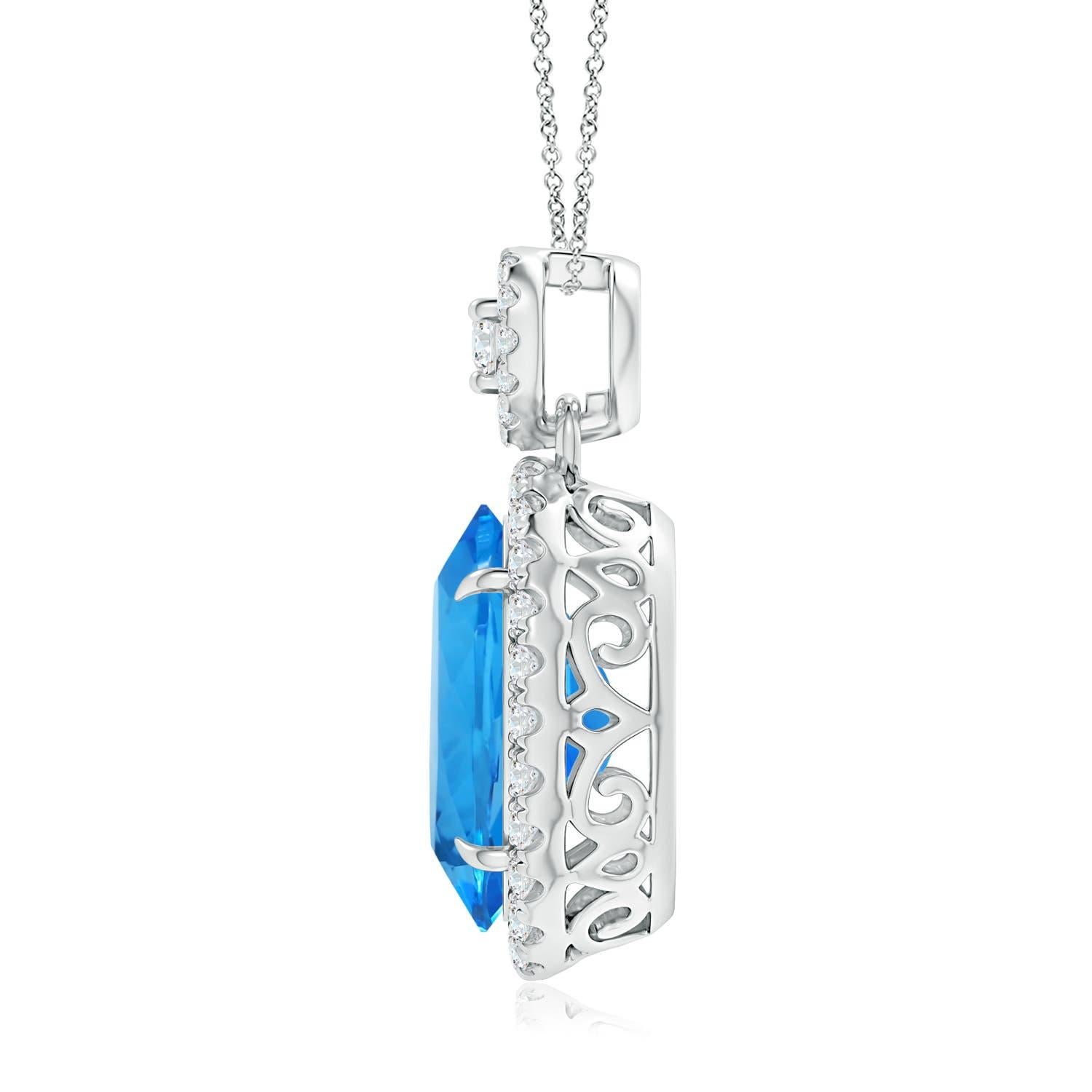GIA Certified Swiss Blue Topaz Halo Pendant with Scrollwork
