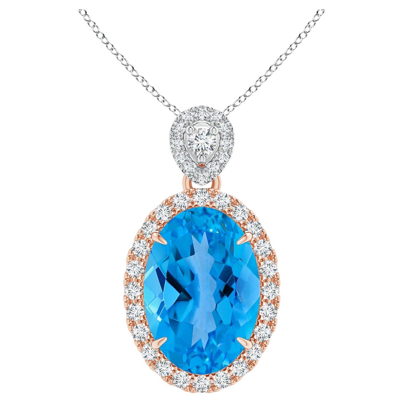 Angara Gia Certified Natural Swiss Blue Topaz Halo Pendant in White Gold for Her