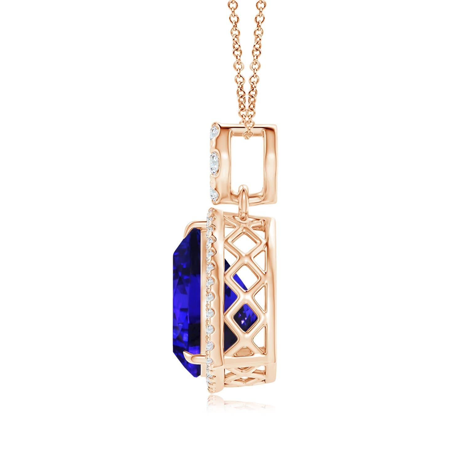Connected to a diamond-studded bale is a GIA certified trillion tanzanite halo pendant in 14k rose gold. While the halo diamonds are secured in U pave settings, the bale features prong-set diamonds in a cluster. The chequered filigree on the metal