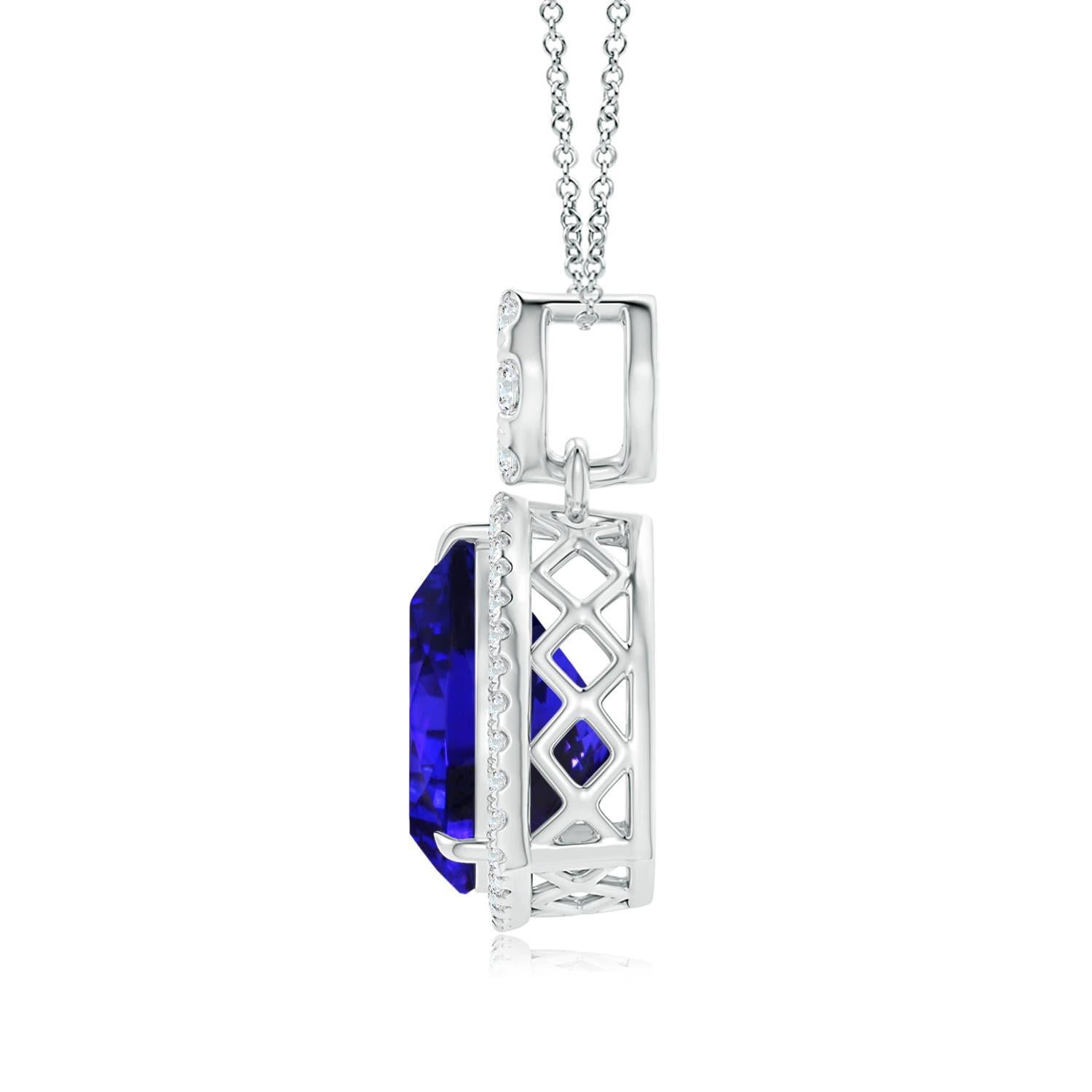 Connected to a diamond-studded bale is a GIA certified trillion tanzanite halo pendant in 14k white gold. While the halo diamonds are secured in U pave settings, the bale features prong-set diamonds in a cluster. The chequered filigree on the metal