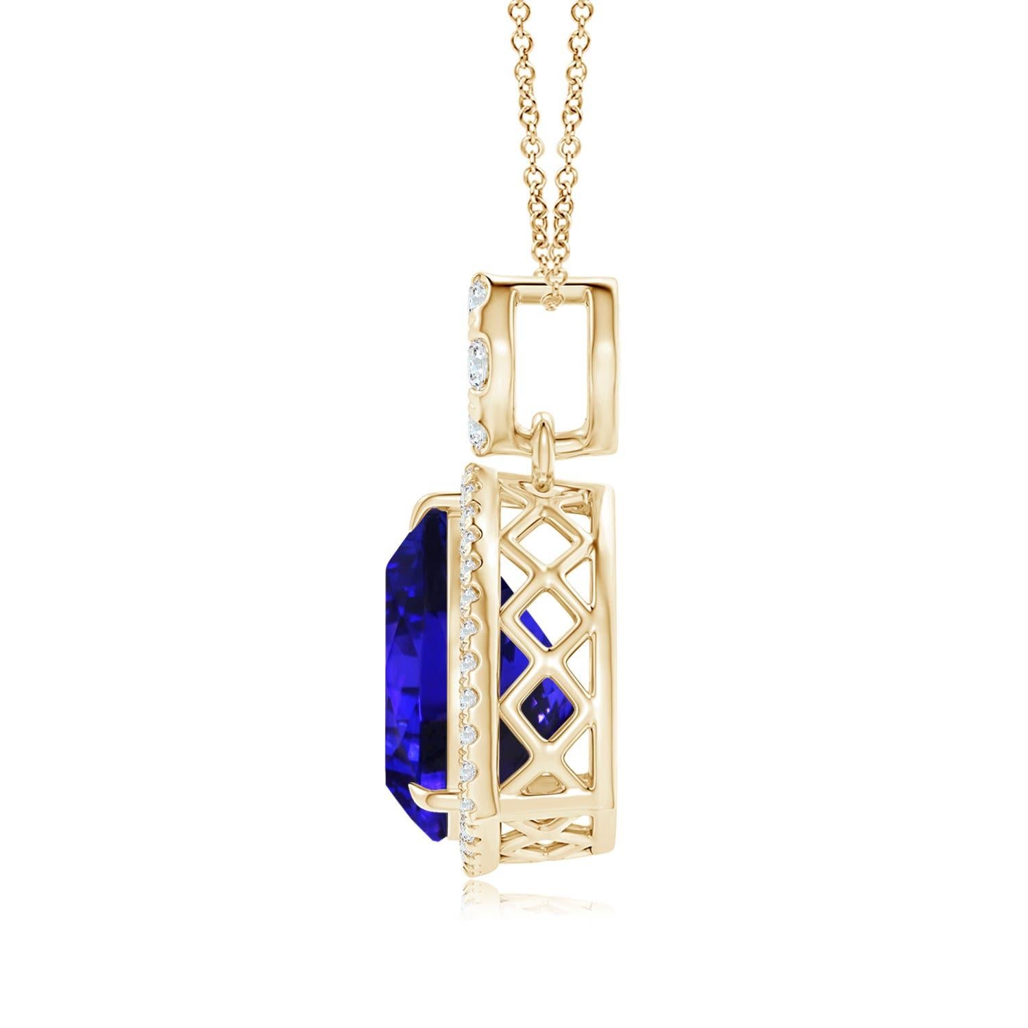 Connected to a diamond-studded bale is a GIA certified trillion tanzanite halo pendant in 14k yellow gold. While the halo diamonds are secured in U pave settings, the bale features prong-set diamonds in a cluster. The chequered filigree on the metal