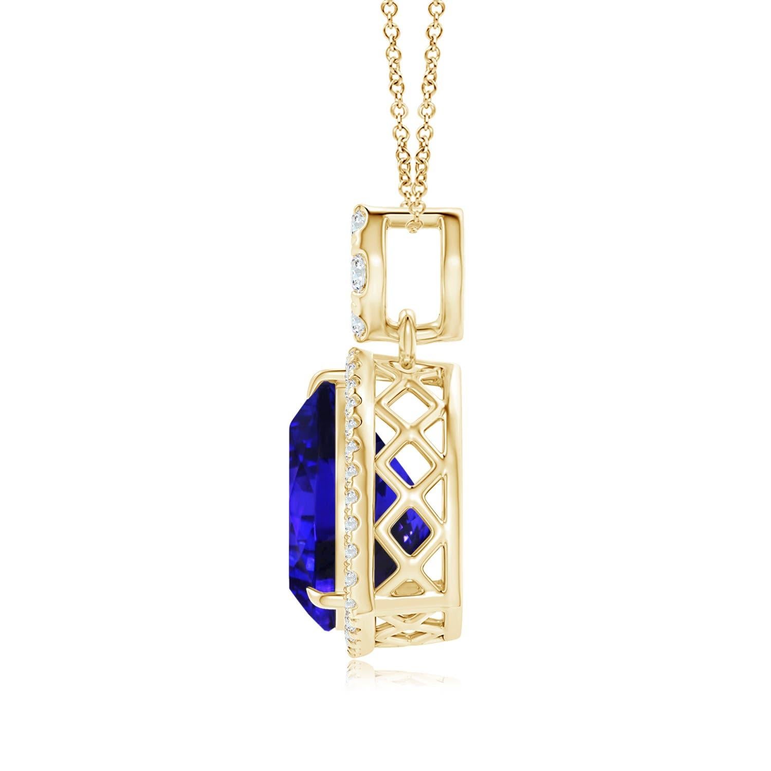 Connected to a diamond-studded bale is a GIA certified trillion tanzanite halo pendant in 18k yellow gold. While the halo diamonds are secured in U pave settings, the bale features prong-set diamonds in a cluster. The chequered filigree on the metal