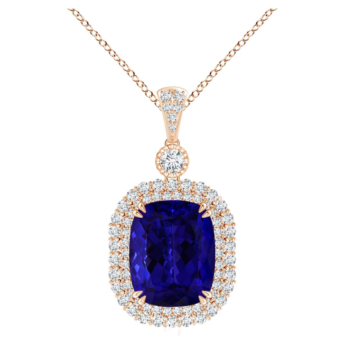 Angara GIA Certified Natural Tanzanite Double Halo Rose Gold Pendant Necklace For Sale