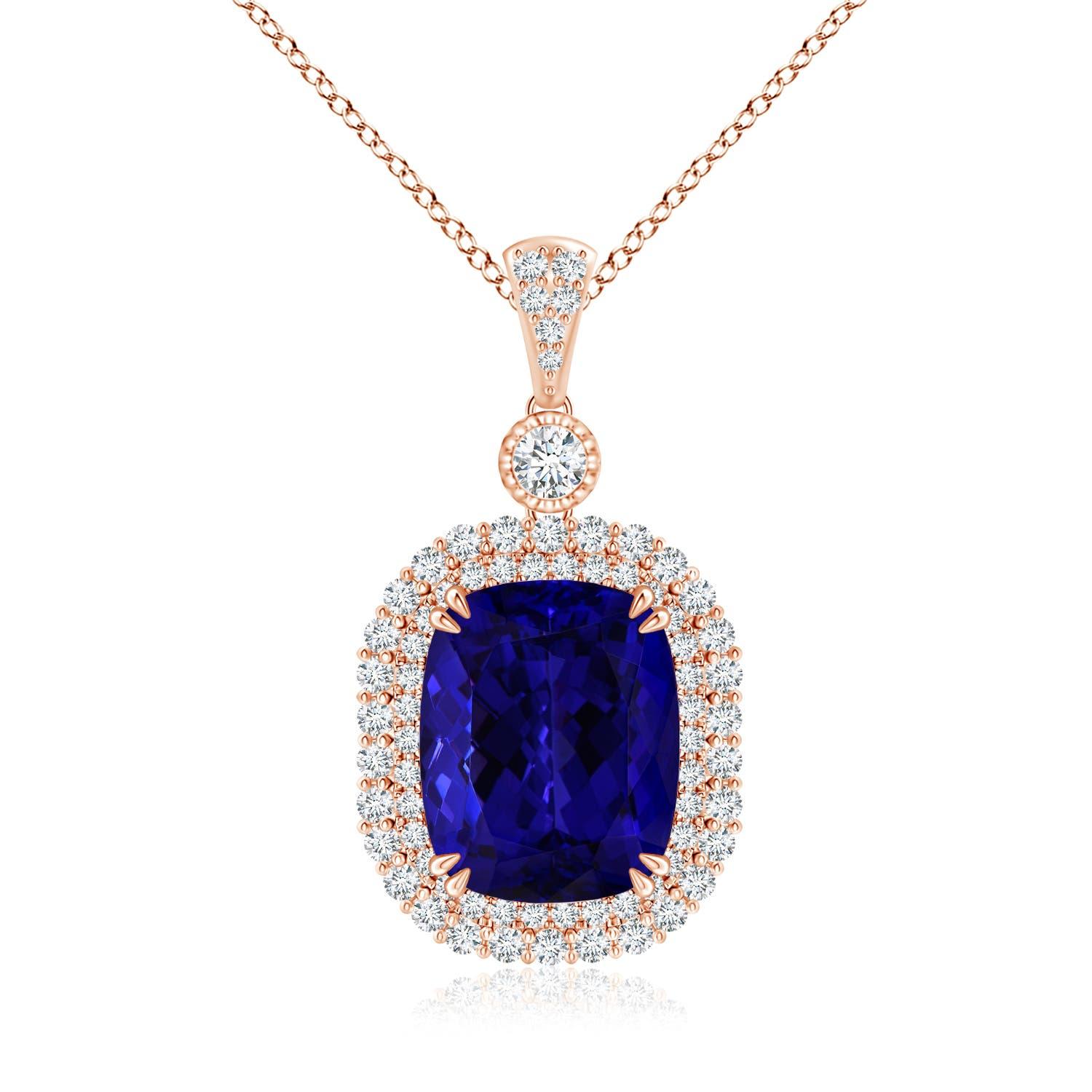 Angara GIA Certified Natural Tanzanite Double Halo Rose Gold Pendant Necklace