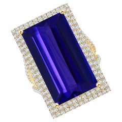 Bague en or jaune 18 carats avec double halo de tanzanite naturelle certifiée GIA