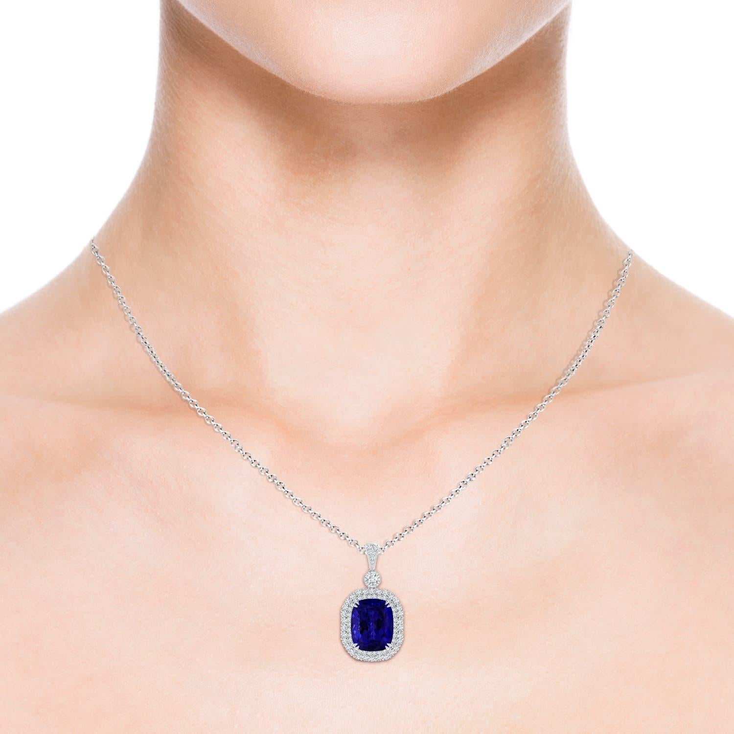 Modern Angara Gia Certified Natural Tanzanite Double Halo White Gold Pendant Necklace For Sale