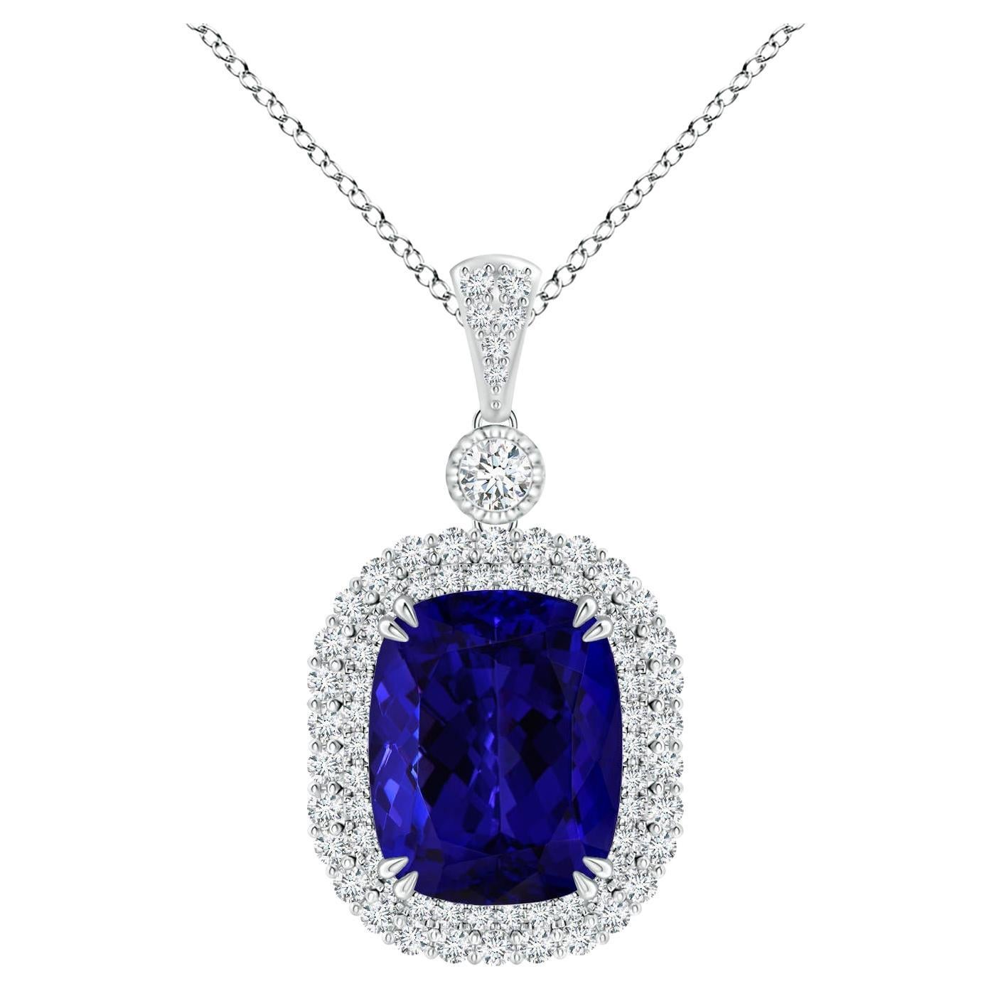 Angara Gia Certified Natural Tanzanite Double Halo White Gold Pendant Necklace For Sale