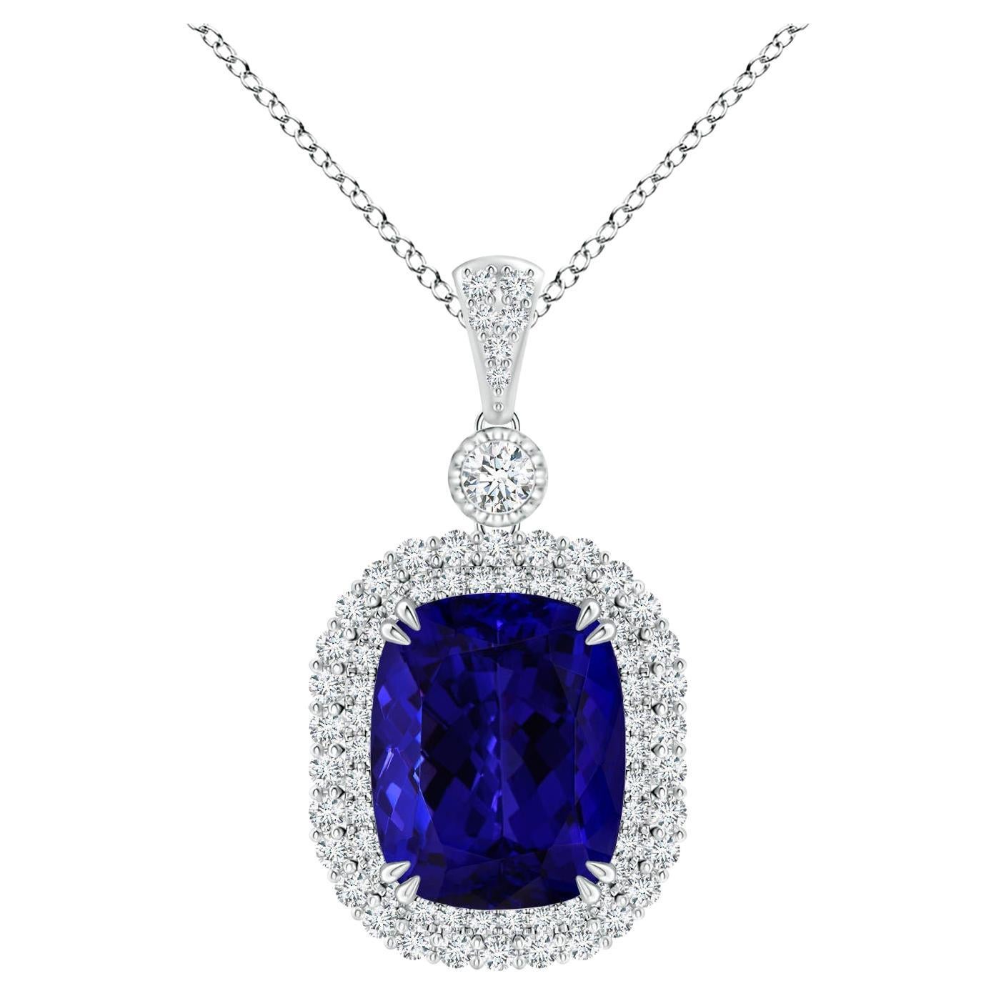 Angara Gia Certified Natural Tanzanite Double Halo White Gold Pendant Necklace