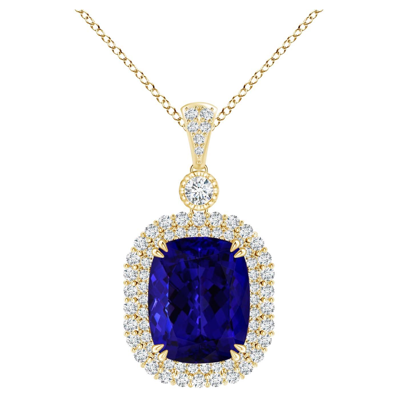 Angara GIA Certified Natural Tanzanite Double Halo Yellow Gold Pendant Necklace For Sale