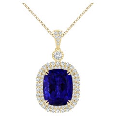 Angara GIA Certified Natural Tanzanite Double Halo Yellow Gold Pendant Necklace