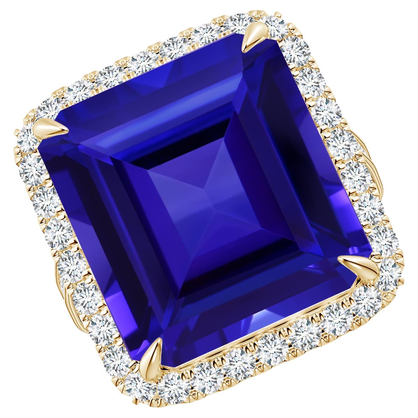 For Sale:  ANGARA GIA Certified Natural Tanzanite Halo Ring with Milgrain in Yellow Gold