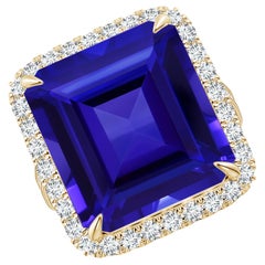 ANGARA GIA Certified Natural Tanzanite Halo Ring with Milgrain in Yellow Gold