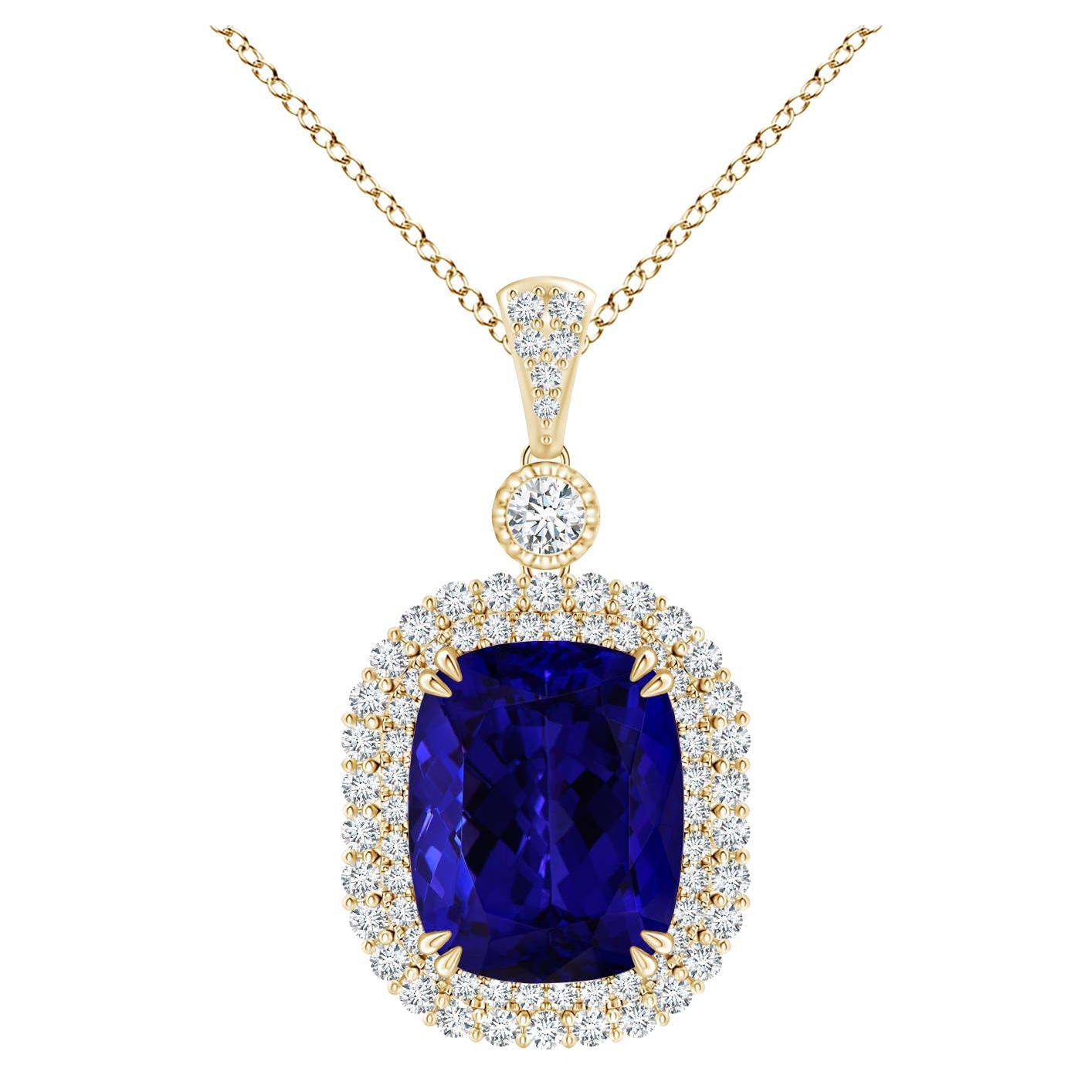 ANGARA GIA Certified Natural Tanzanite Halo Solid Yellow Gold Pendant Necklace For Sale