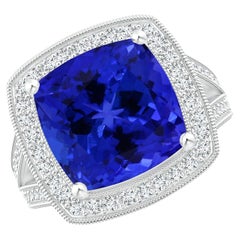 Bague Halo à tige fendue en or blanc et tanzanite naturelle certifiée GIA