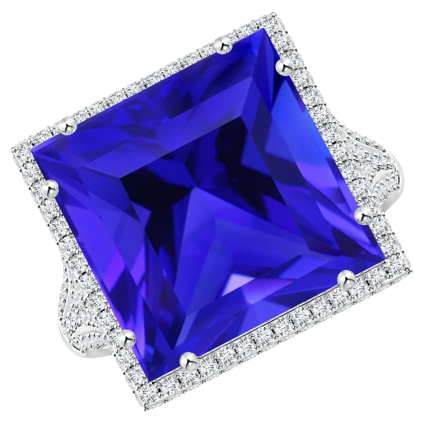 Angara Gia Certified Natural Tanzanite Square White Gold Ring with Diamond Halo