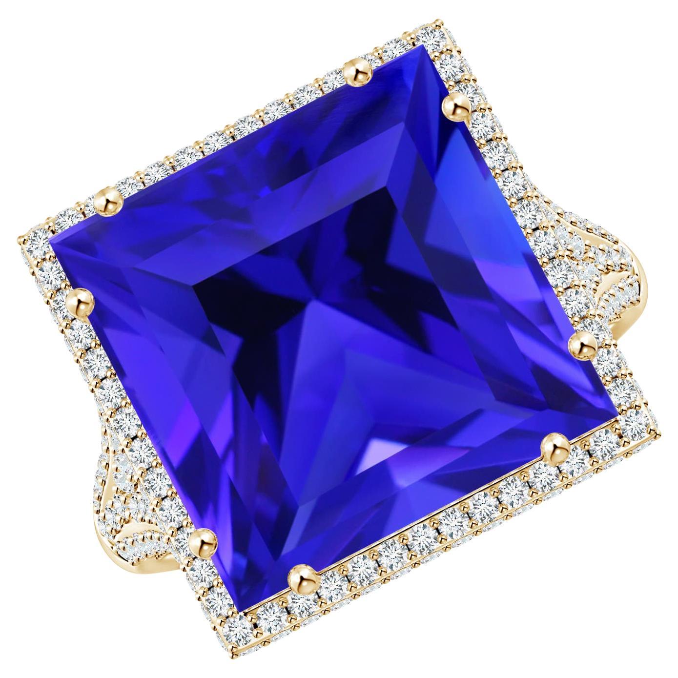 For Sale:  Angara GIA Certified Natural Tanzanite Square Yellow Gold Ring with Diamond Halo