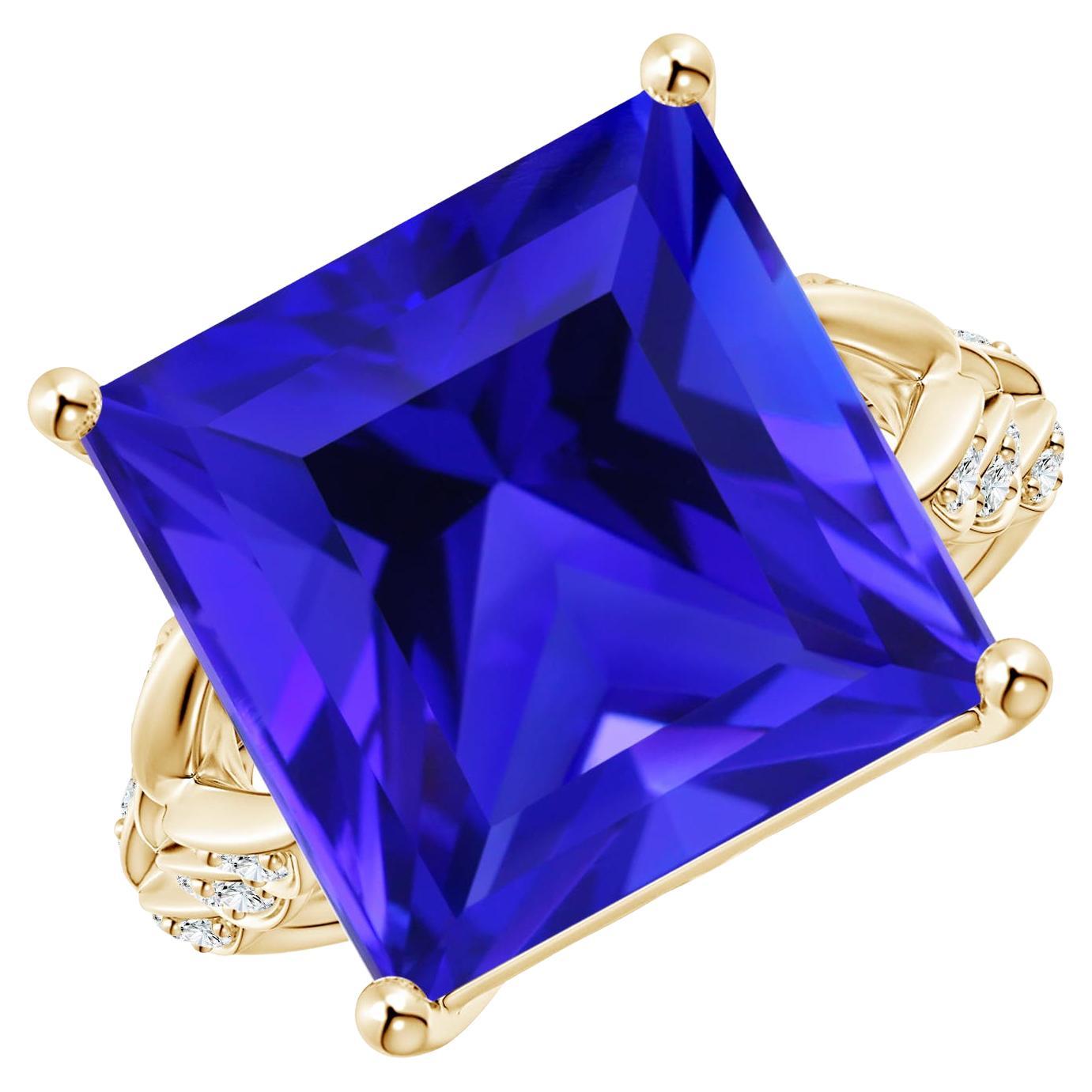 For Sale:  ANGARA GIA Certified Natural Tanzanite Square Yellow Gold Ring with Leaf Motifs