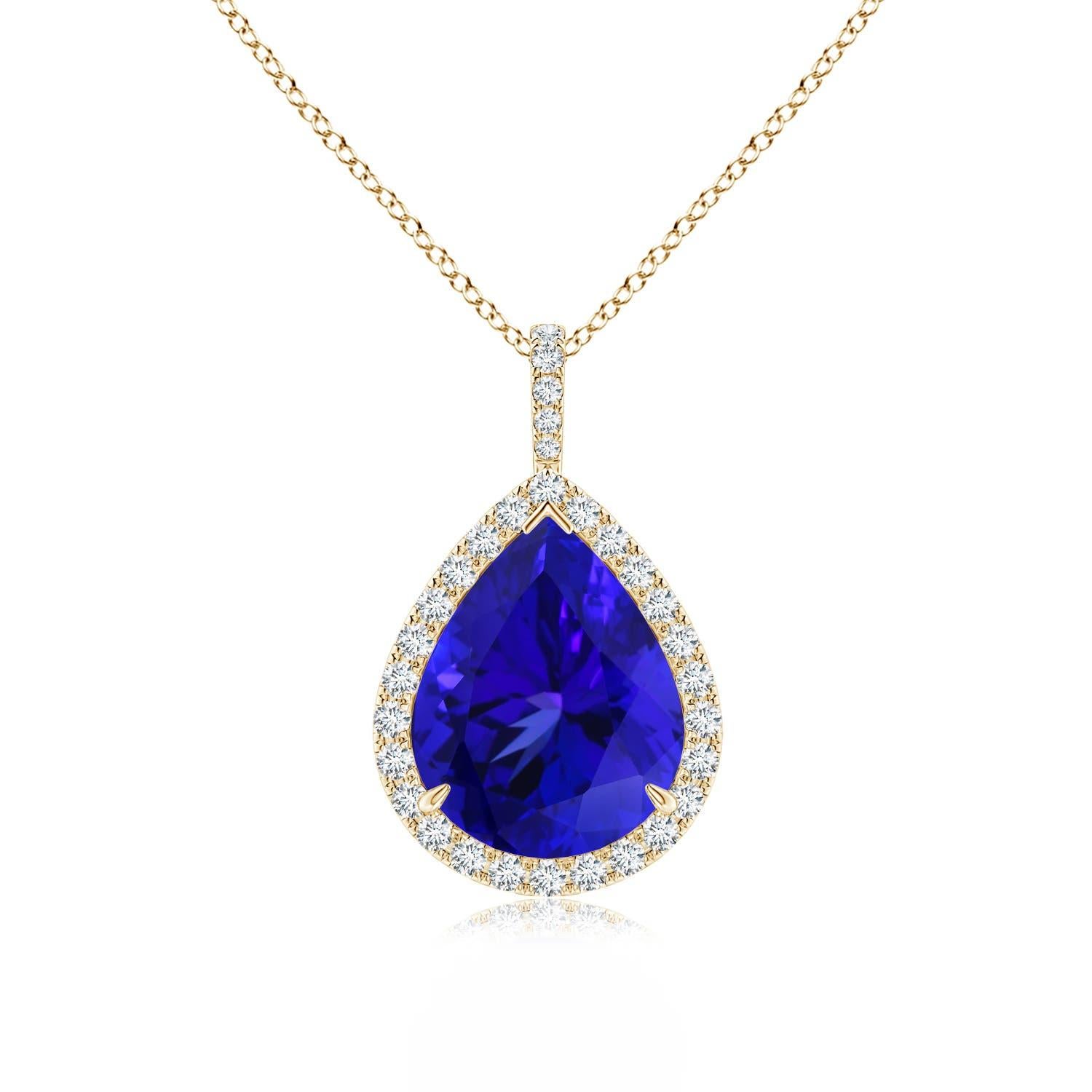 ANGARA GIA Certified Natural Tanzanite Yellow Gold Pendant Necklace with Diamond For Sale