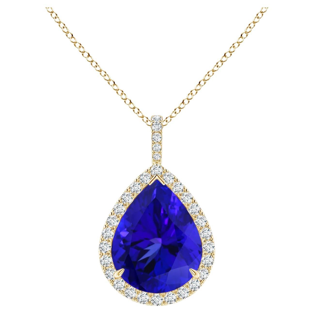 Angara Gia Certified Natural Tanzanite Yellow Gold Pendant Necklace with Diamond For Sale