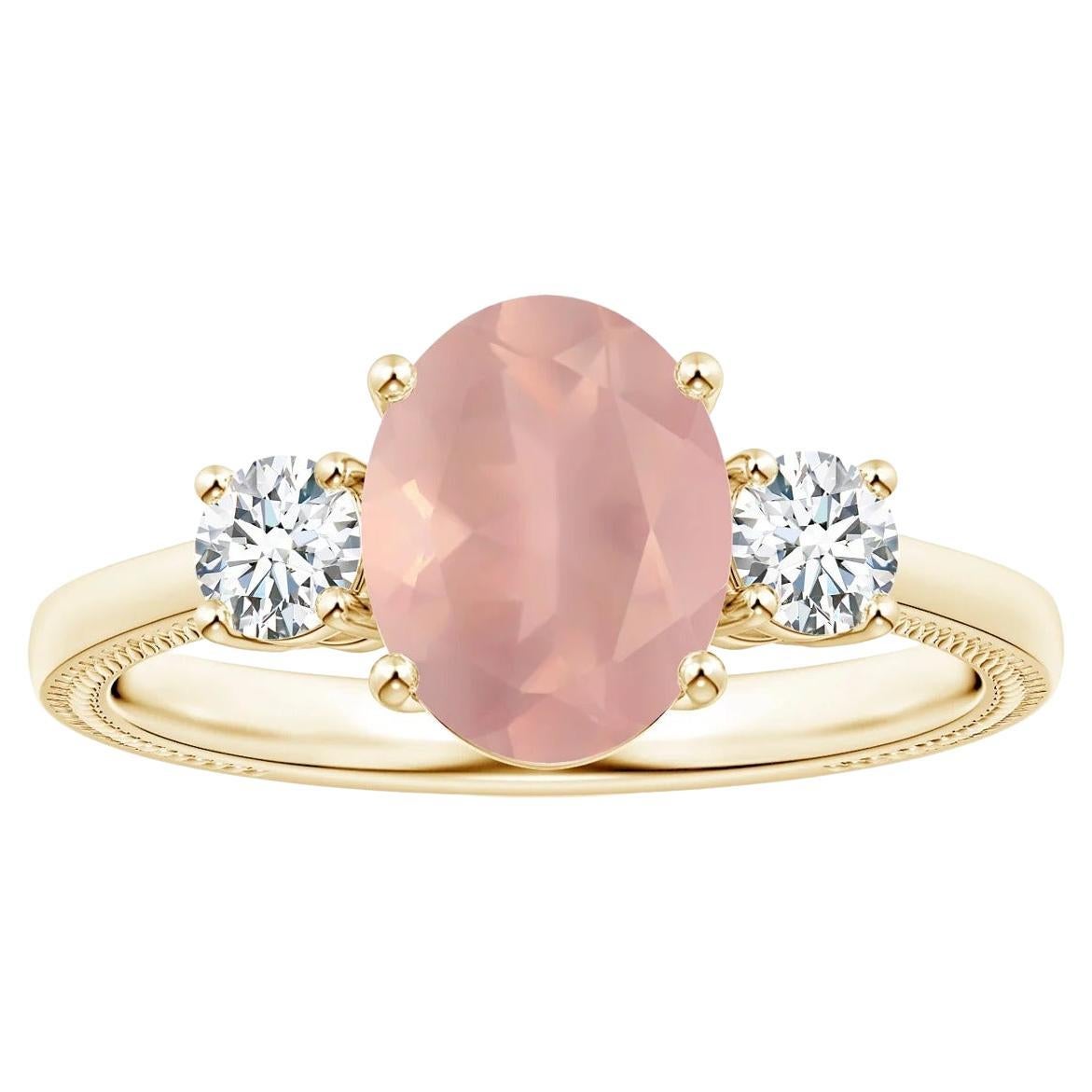 Angara Gia Certified Natural Three Stone Oval Rose Quartz Ring in Yellow Gold