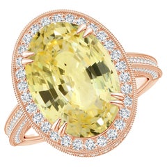 Angara Gia Certified Natural Yellow Sapphire Halo Rose Gold Ring with Milgrain