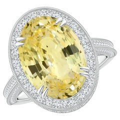 Angara Gia Certified Natural Yellow Sapphire Halo White Gold Ring with Milgrain