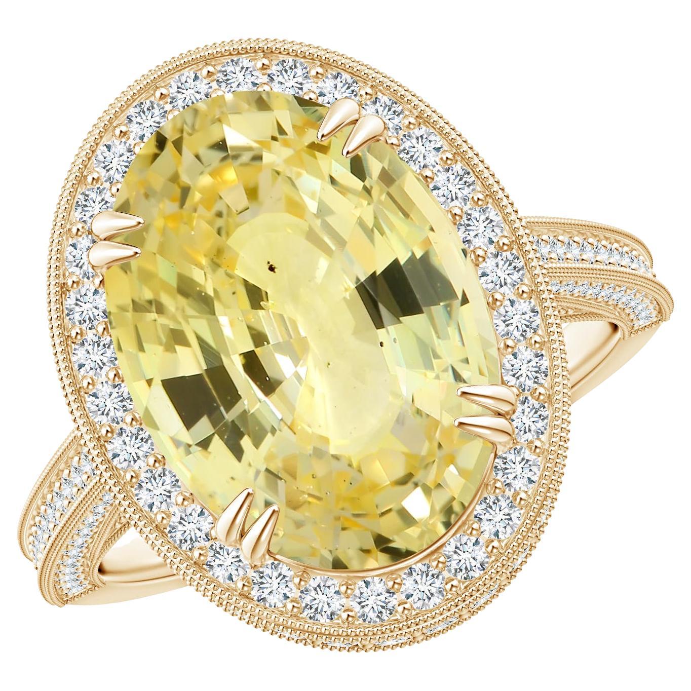 Angara GIA Certified Natural Yellow Sapphire Halo Yellow Gold Ring with Milgrain