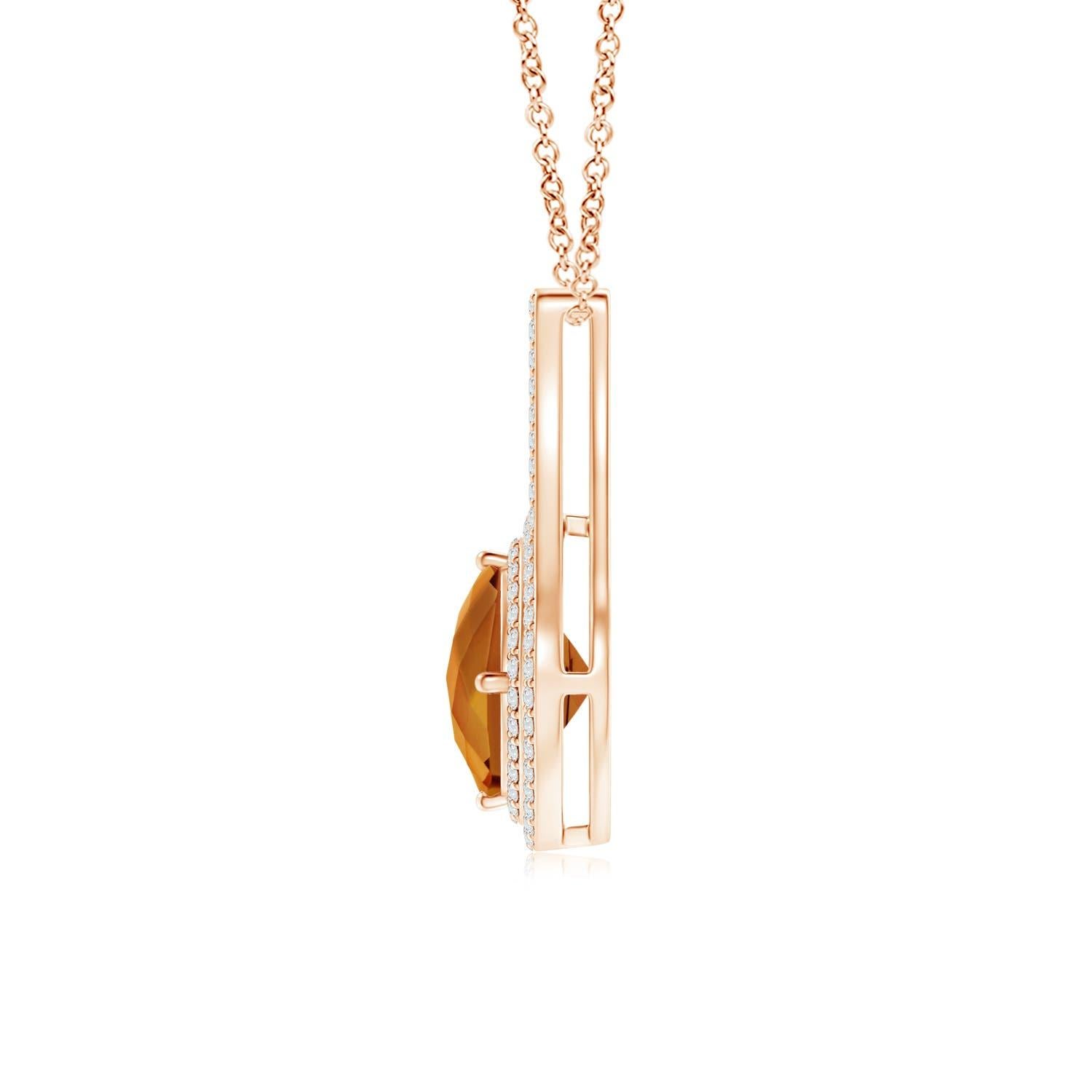 This splendid 14K Rose Gold pendant is designed with a dazzling inverted V-bale. It features a stunning GIA certified cushion yellowish orange zircon that is prong-set sideways and illuminated by a double halo of shimmering diamonds.
