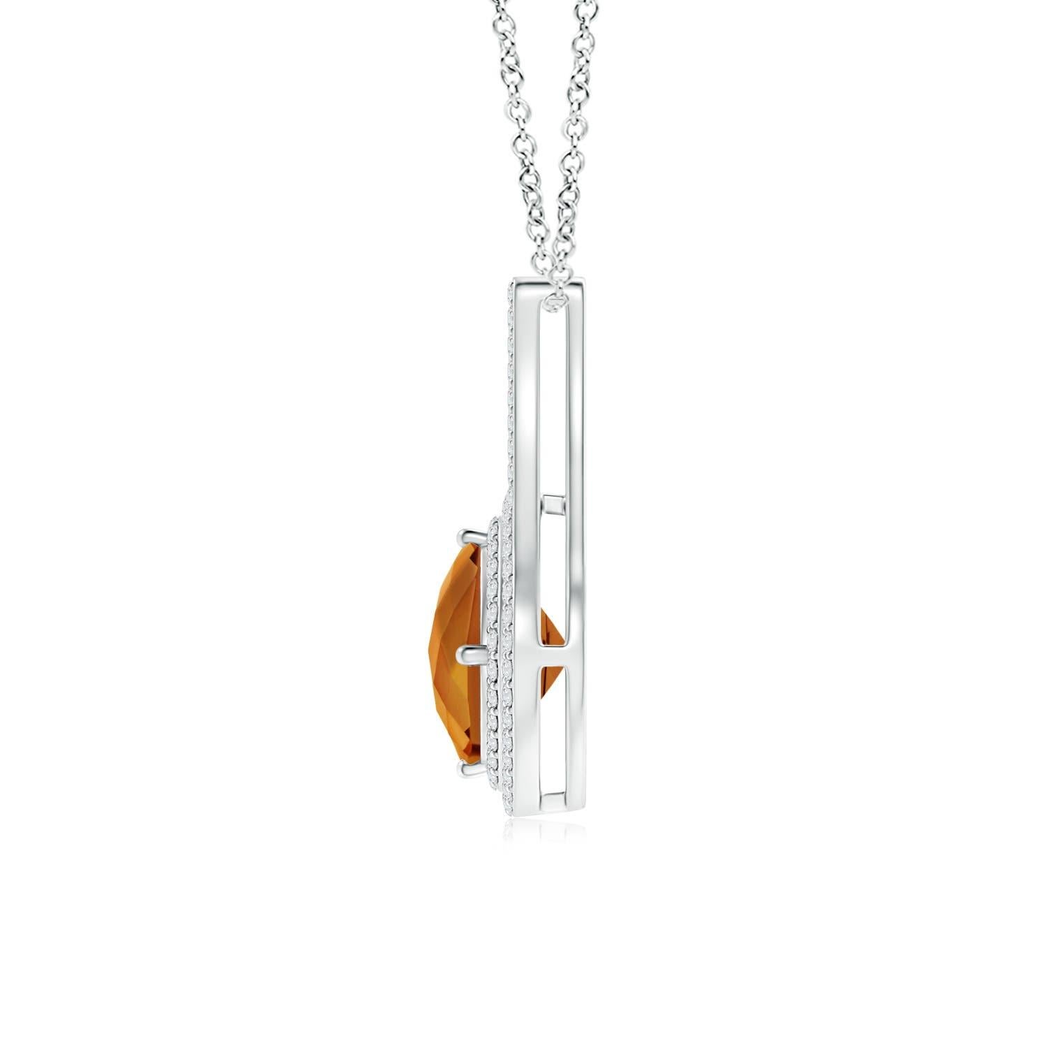 This splendid 18K White Gold pendant is designed with a dazzling inverted V-bale. It features a stunning GIA certified cushion yellowish orange zircon that is prong-set sideways and illuminated by a double halo of shimmering diamonds.

