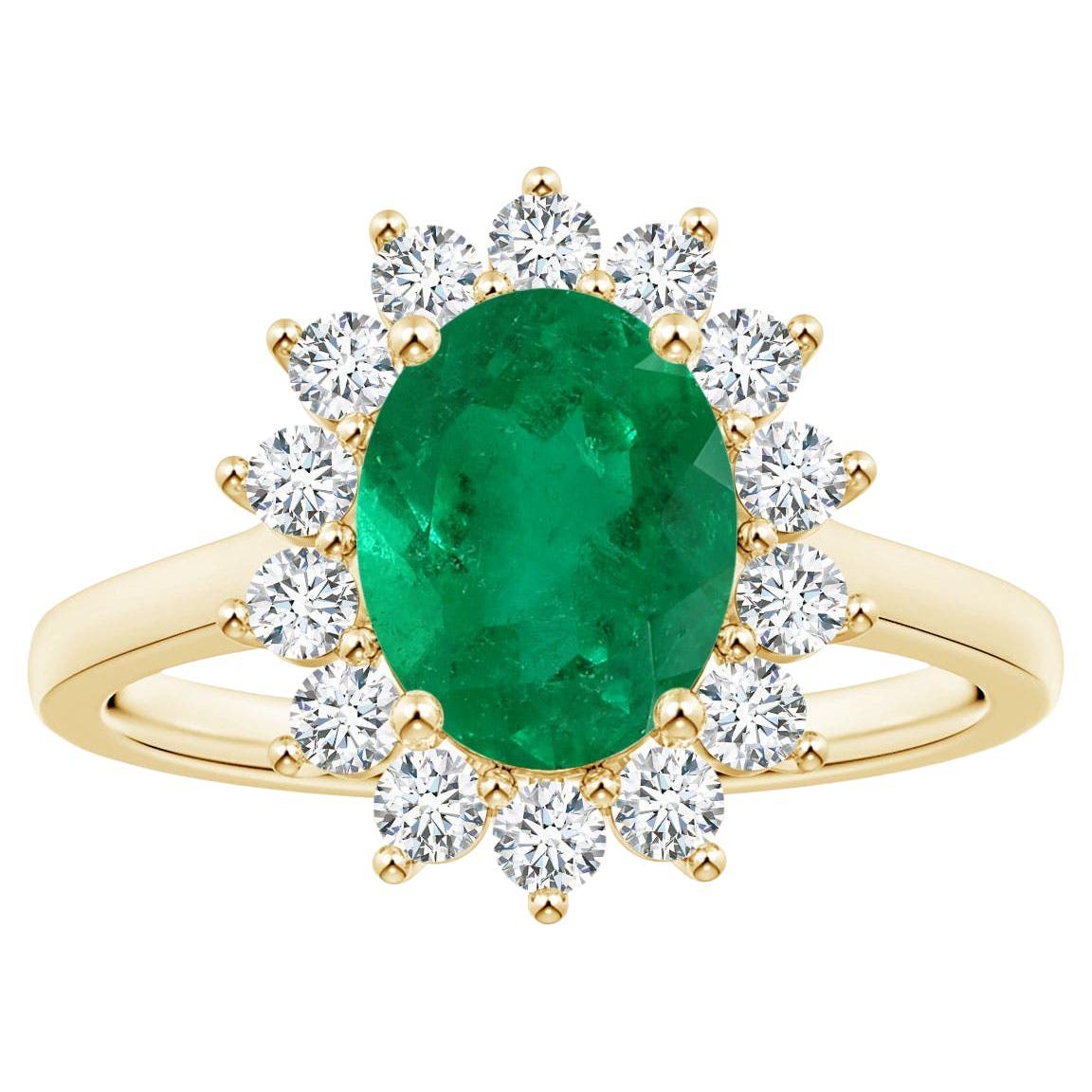 For Sale:  Angara Gia Certified Oval Columbian Emerald Halo Ring in Yellow Gold