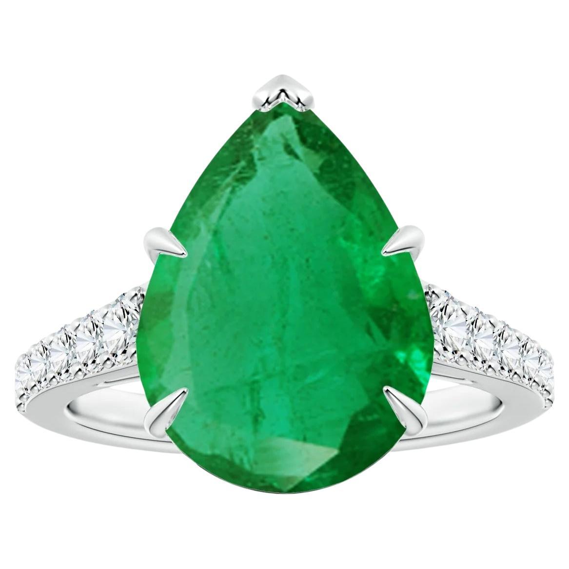 Angara Gia Certified Pear-Shaped Emerald Ring in White Gold with Diamonds