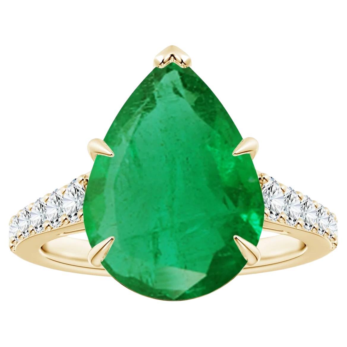 For Sale:  Angara Gia Certified Pear-Shaped Emerald Ring in Yellow Gold with Diamonds