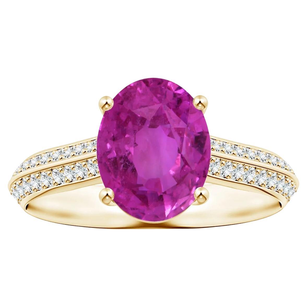 ANGARA GIA Certified Pink Sapphire Knife Edge Ring in Yellow Gold with Diamonds
