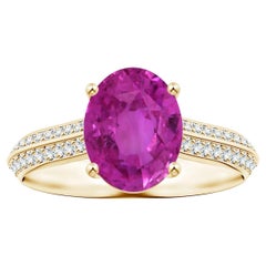 Angara Gia Certified Pink Sapphire Knife Edge Ring in Yellow Gold with Diamonds