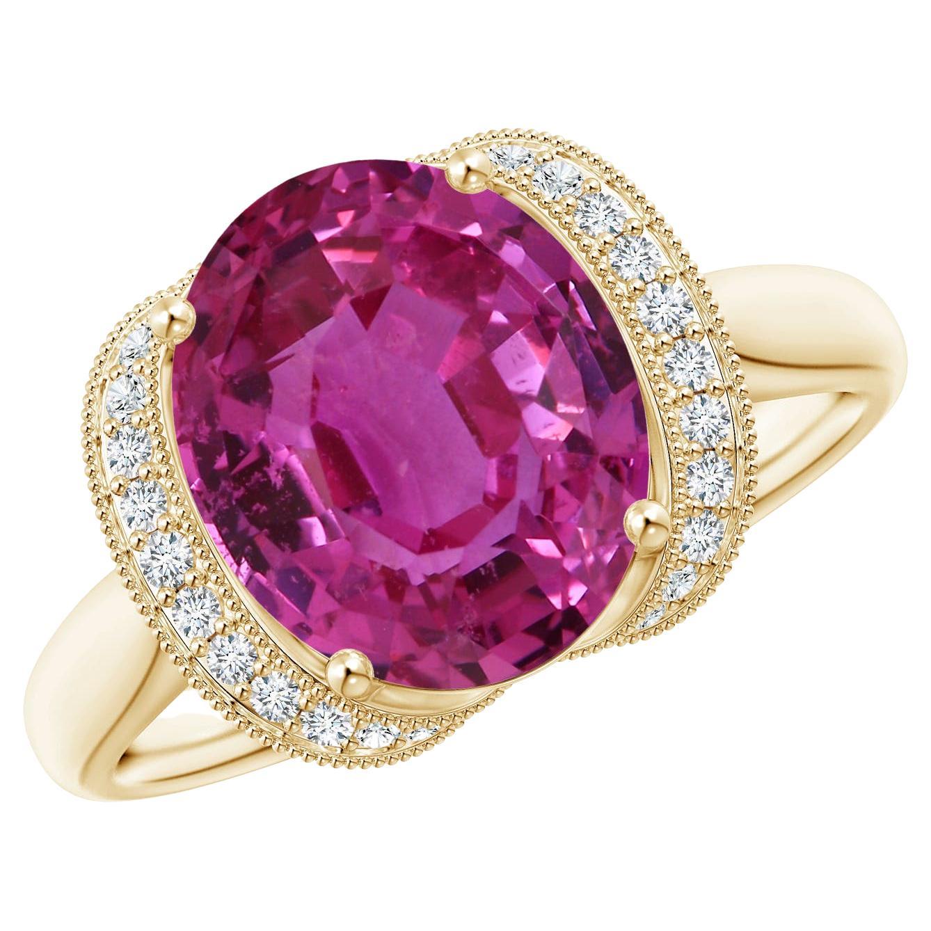 For Sale:  Angara Gia Certified Pink Sapphire Ring in Yellow Gold with Diamond Half Halo